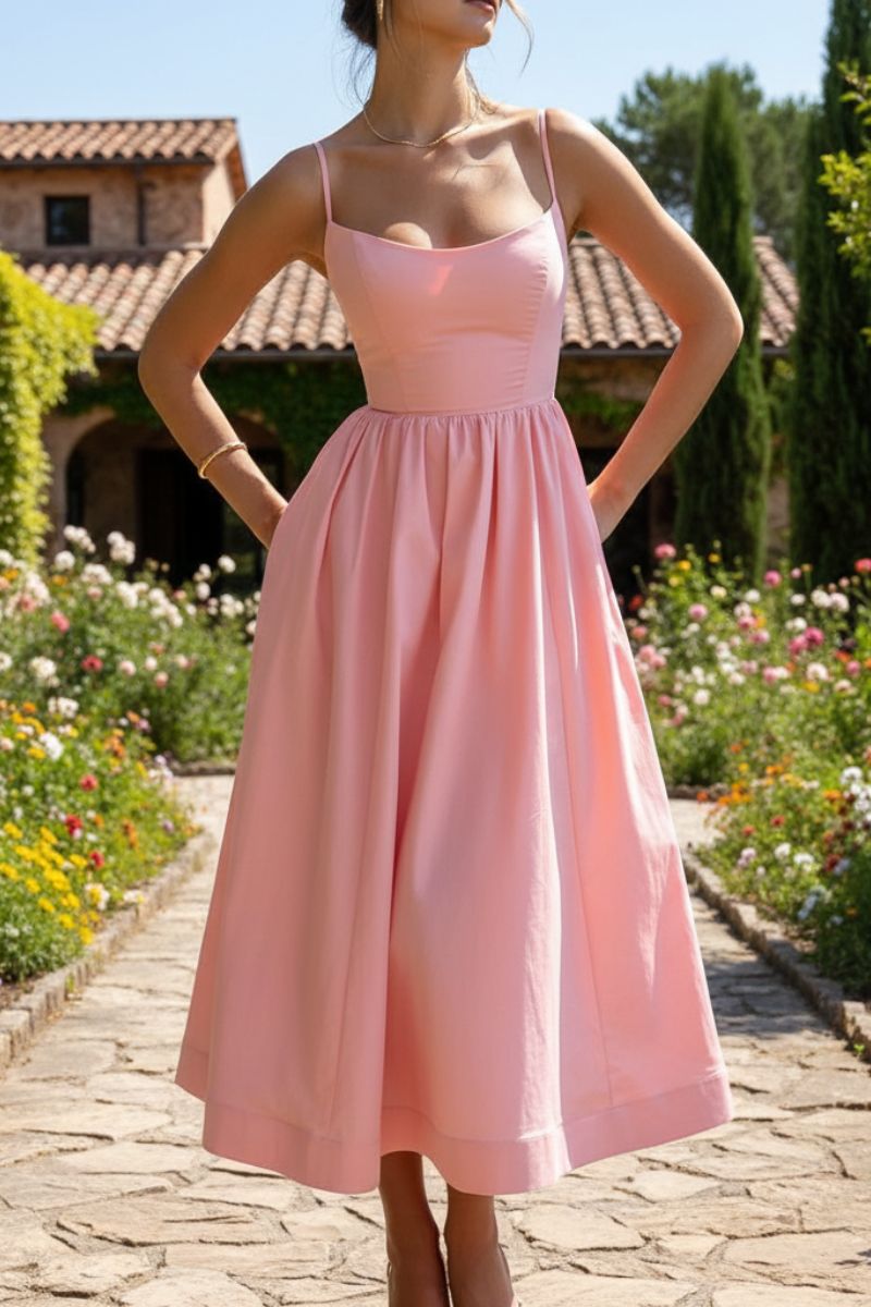 Timeless women's fit & flare midi cocktail dress. Sleeveless scoop neck design for elegant formal evening wear.