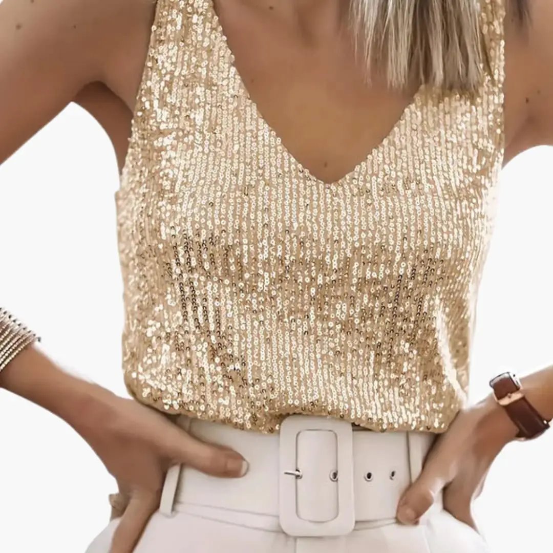 Bright women's sequin tank top, sleeveless & round neck. Perfect for parties, festive occasions, or summer.