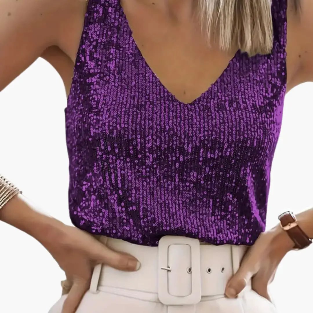 Elegant women's sequin tank top, sleeveless with a round neck. A dazzling piece for parties and special occasions.