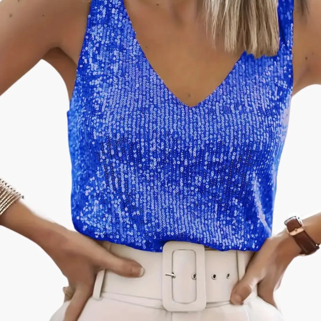Shimmering women's sleeveless sequin top, round neck. Perfect for adding sparkle to any party outfit.