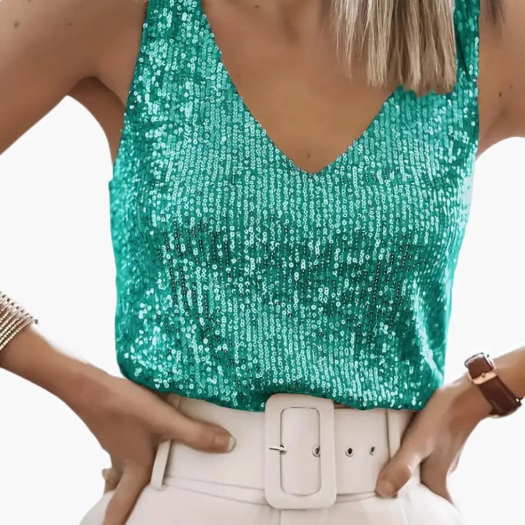 Women's round neck sequin tank top, sleeveless. A sparkling, glamorous top for parties & special events.