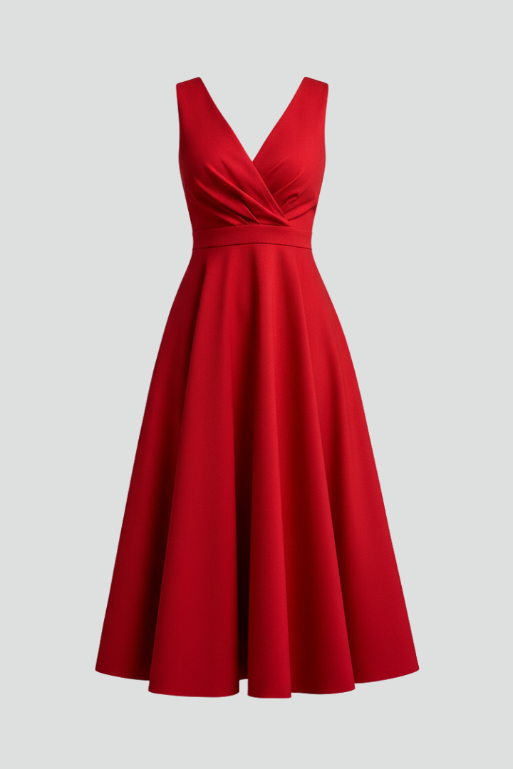 Women's sleeveless V-neck A-line midi dress. Elegant and versatile for casual or formal summer wear.