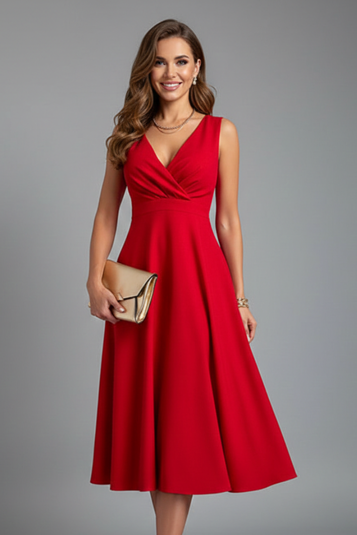 Elegant women's V-neck sleeveless midi dress with A-line skirt, perfect for parties and summer events.