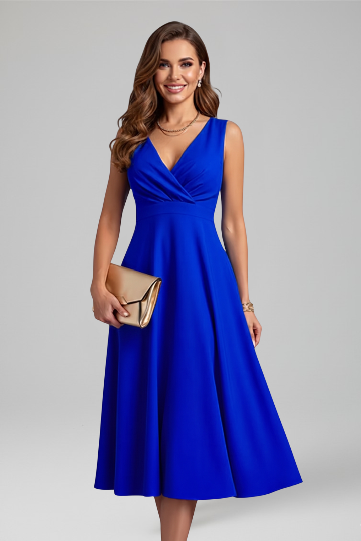 Chic sleeveless V-neck A-line midi dress for women. Effortlessly stylish for both casual and formal settings.