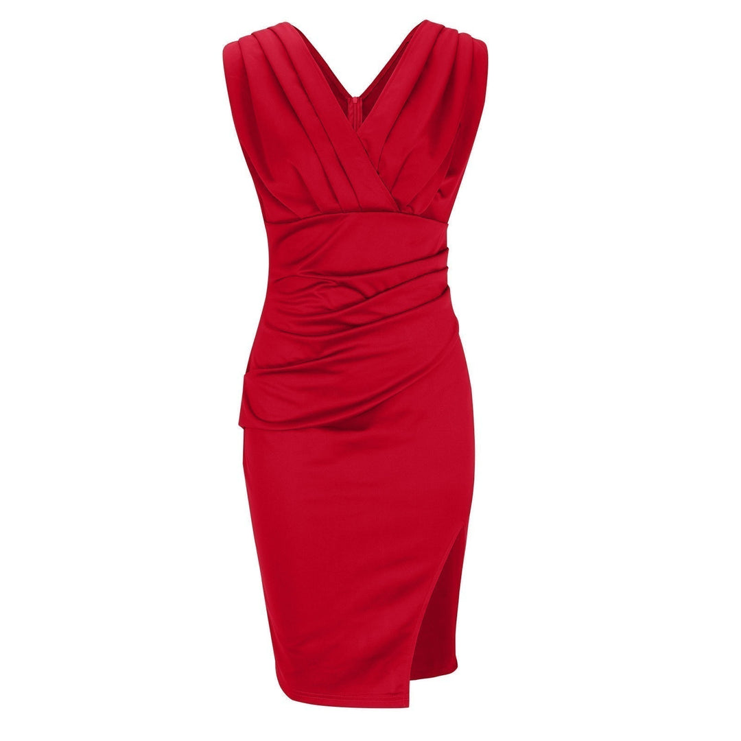 Slim-fit bodycon midi dress, V-neck sleeveless, women's style for evening & cocktail events.