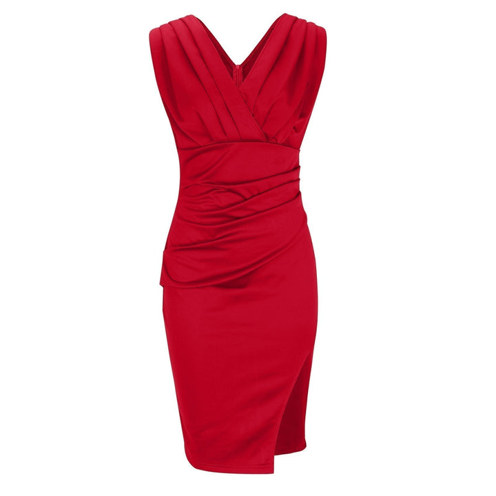 Slim-fit bodycon midi dress, V-neck sleeveless, women's style for evening & cocktail events.