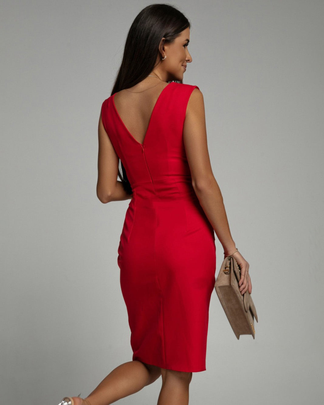 Elegant slim-fit women's midi dress with V-neck and sleeveless design for special occasions.