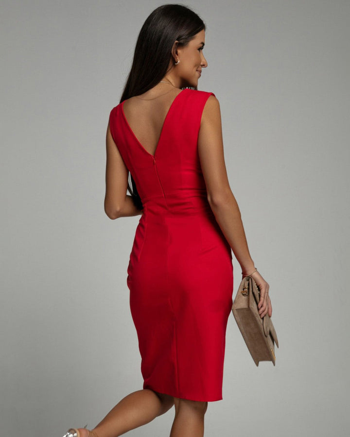 Elegant slim-fit women's midi dress with V-neck and sleeveless design for special occasions.