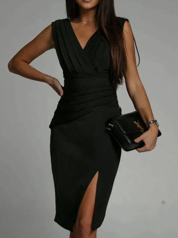Sleek bodycon midi dress for women, featuring a V-neck, sleeveless design, and stylish side slit.