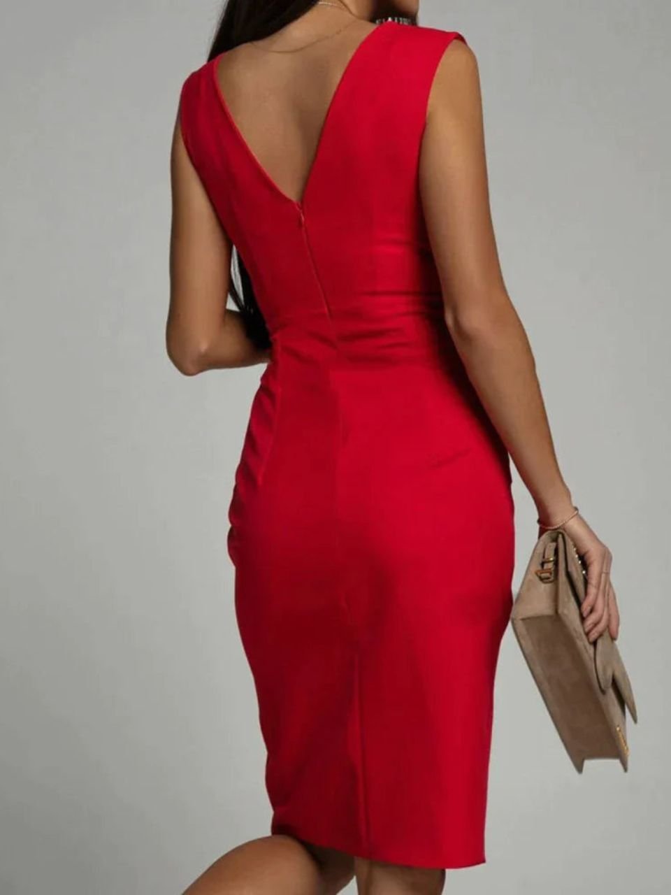 Women's sleeveless V-neck bodycon midi dress with a side slit, an elegant formal evening dress.