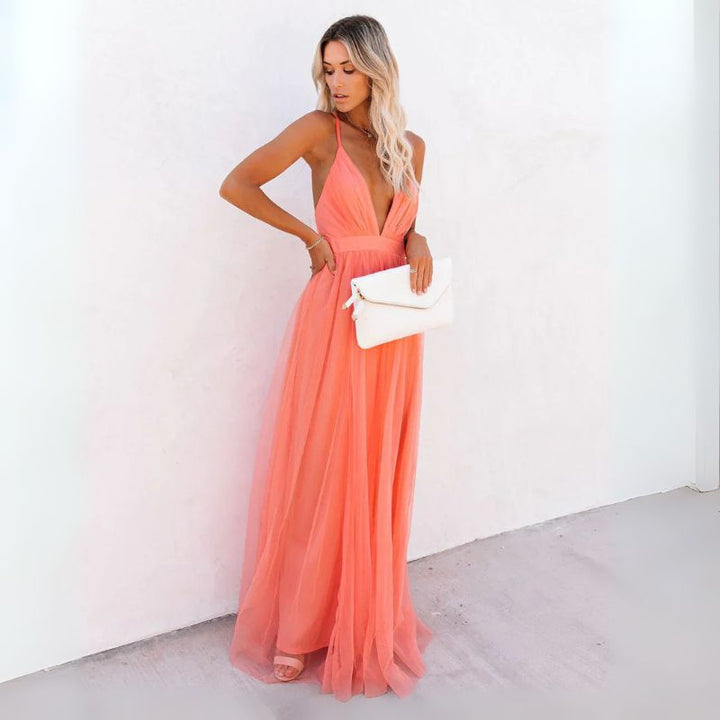 Stunning women's formal V-neck maxi dress, sleeveless, great for wedding guests, evening parties & elegant events.