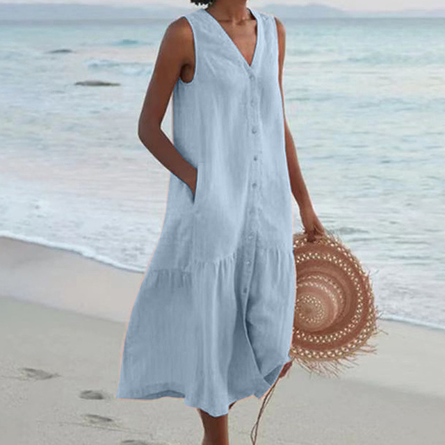 Stylish women's sleeveless midi dress featuring a V-neck and button front, ideal for versatile summer fashion.