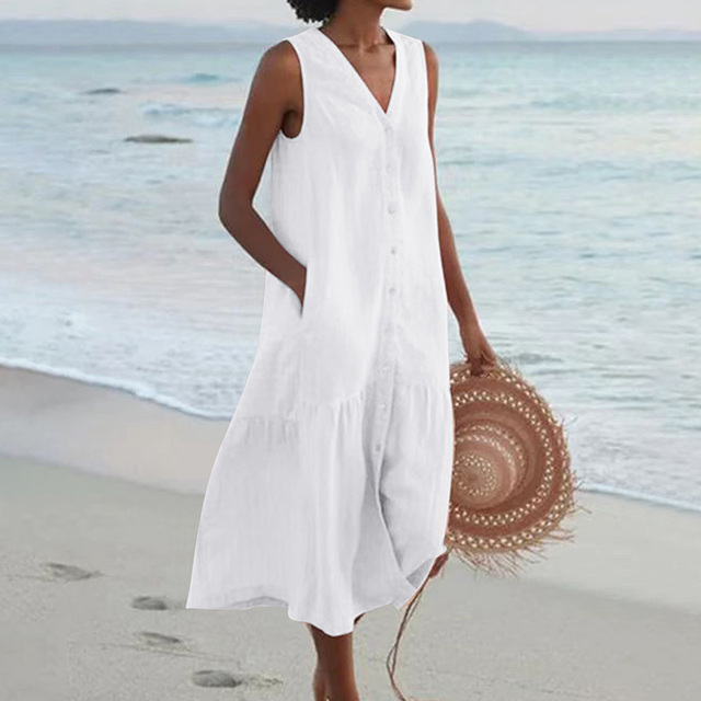 Comfortable women's sleeveless V-neck midi dress with button detailing, great for casual and everyday looks.