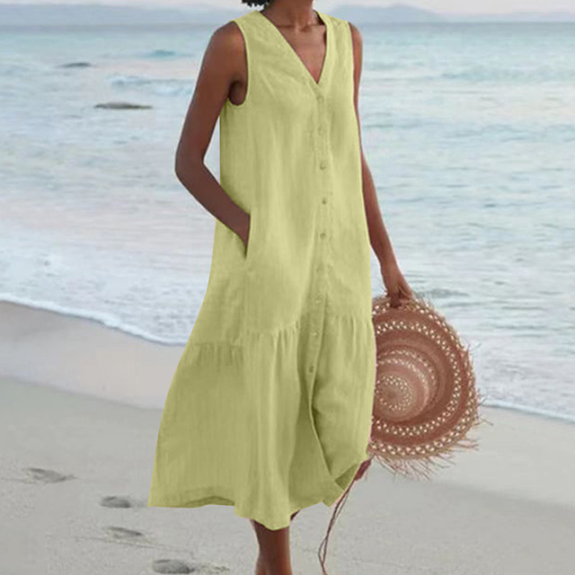Sleeveless button-front V-neck midi dress for women, a comfortable and versatile choice for everyday summer fashion.