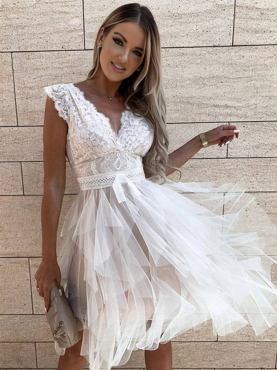 Women's sleeveless V-neck tutu cocktail dress. Elegant party mini dress for special occasions.