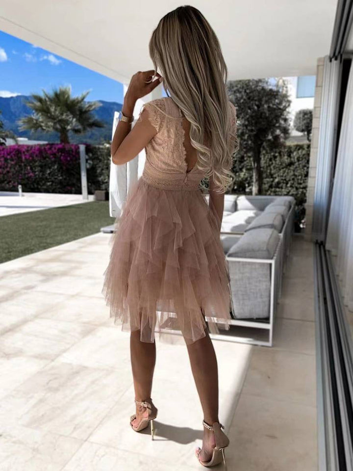 Stylish sleeveless V-neck tutu cocktail dress for women. Ideal elegant party dress, perfect for any special event.