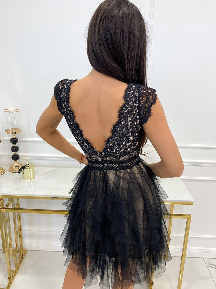 Black women's elegant sleeveless V-neck tutu dress. A sophisticated mini cocktail dress for evening events.
