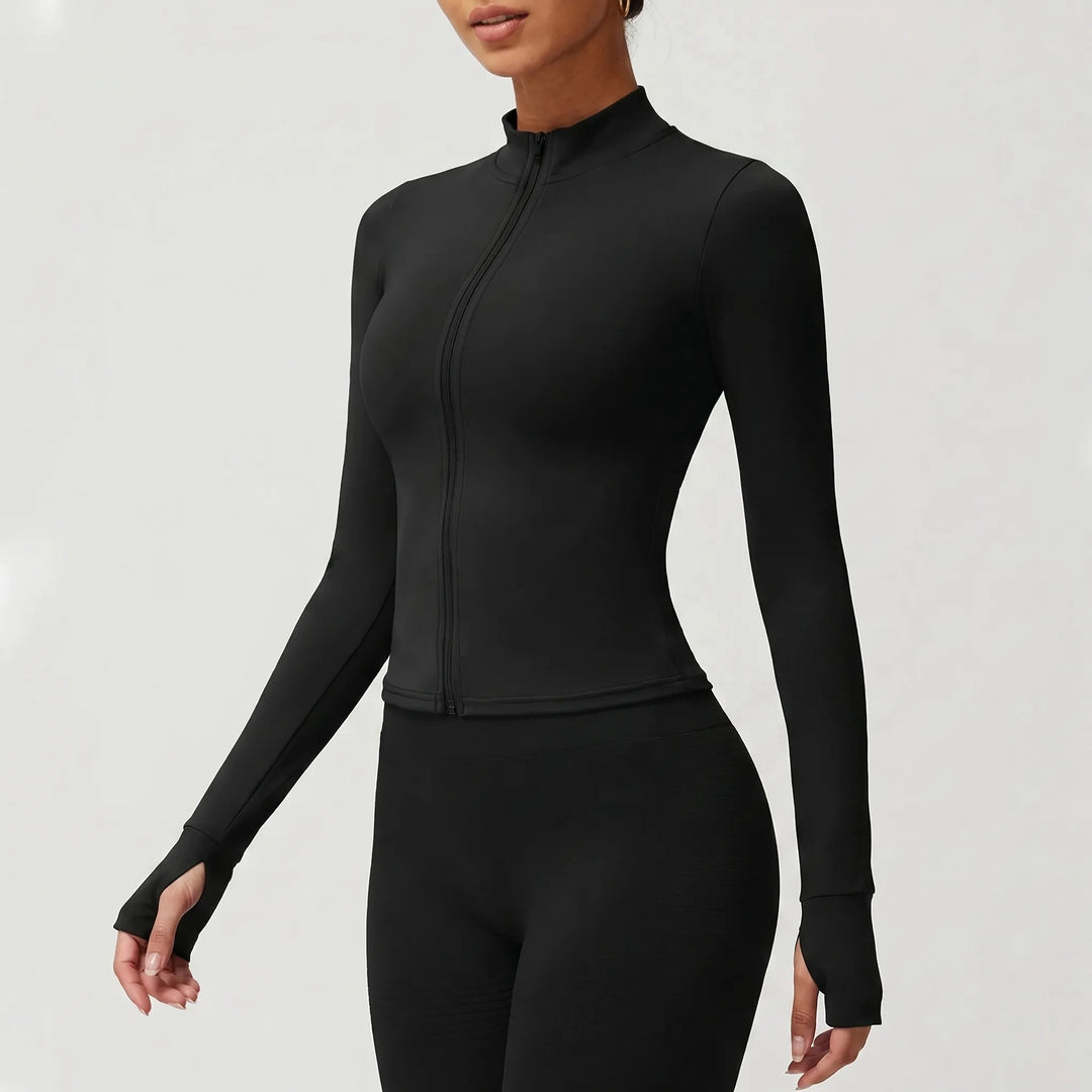 Zip-up athletic jacket for women, ideal for gym & fitness layering.