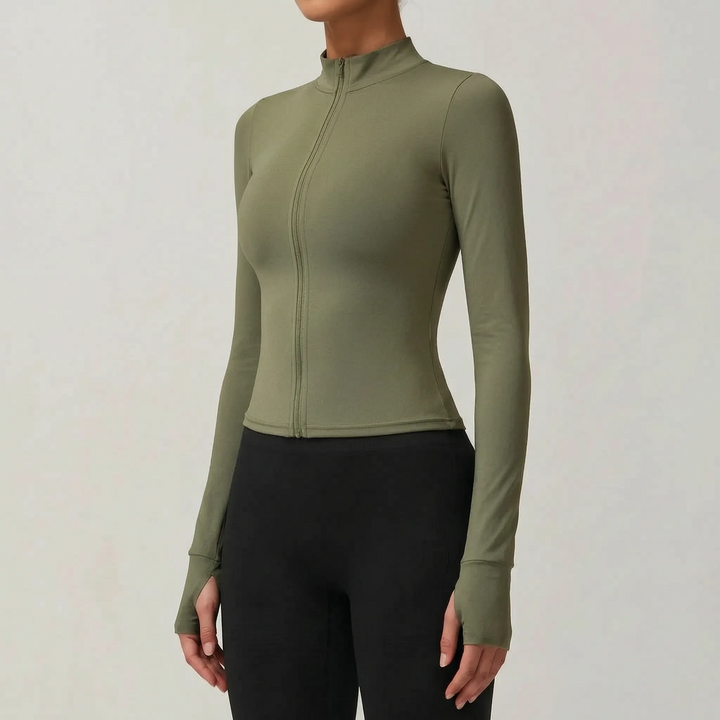 Breathable women's workout jacket, comfortable activewear for training.