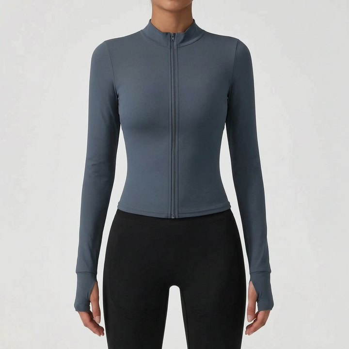 Full-zip women's athletic jacket, perfect for adjustable comfort during workouts.