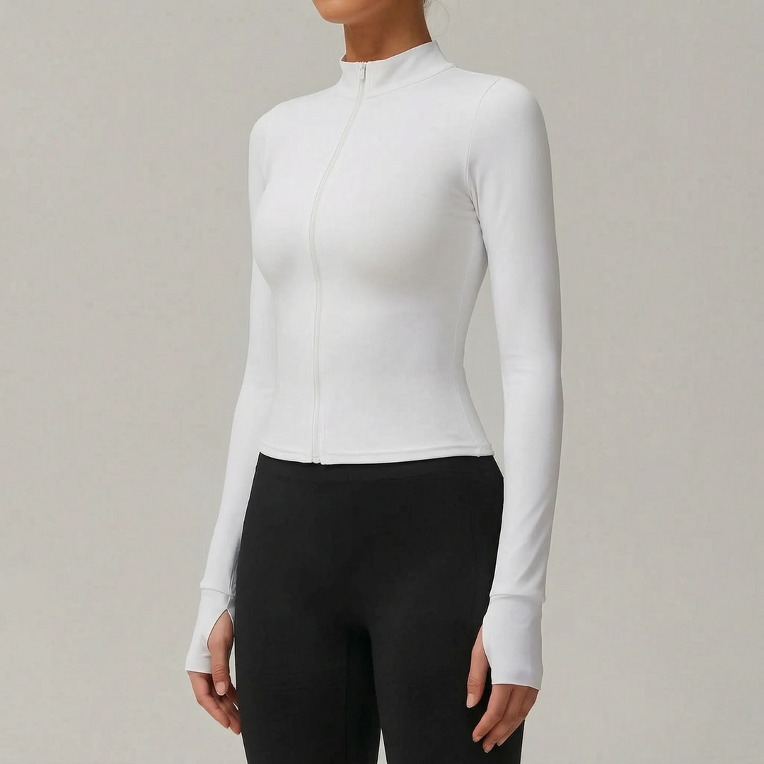 Slim-fit women's running jacket, a zip-up athletic top for fitness & gym.