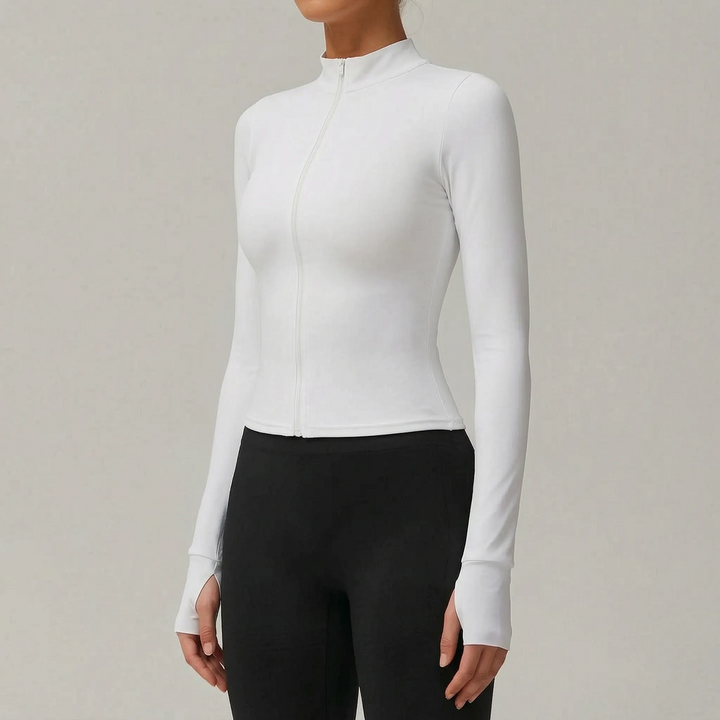 Slim-fit women's running jacket, a zip-up athletic top for fitness & gym.