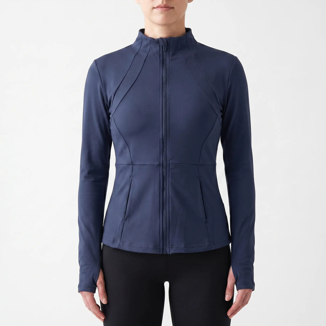 Athletic women's running jacket with thumbhole sleeves, ideal for dynamic outdoor workouts & layering.