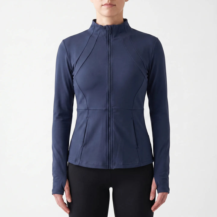 Athletic women's running jacket with thumbhole sleeves, ideal for dynamic outdoor workouts & layering.