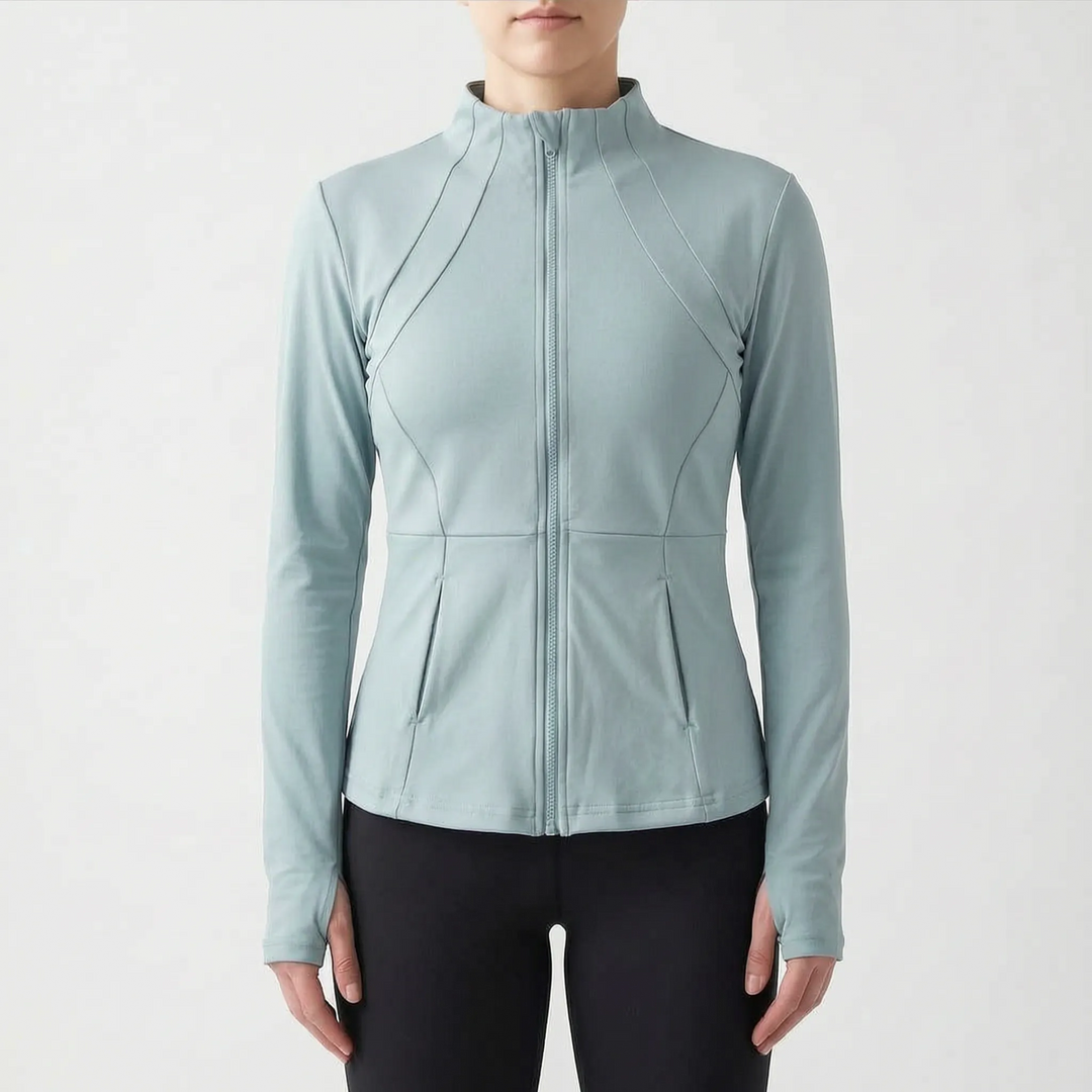 Women's workout top, a slim-fit running jacket with thumbholes for enhanced comfort & warmth during jogs.