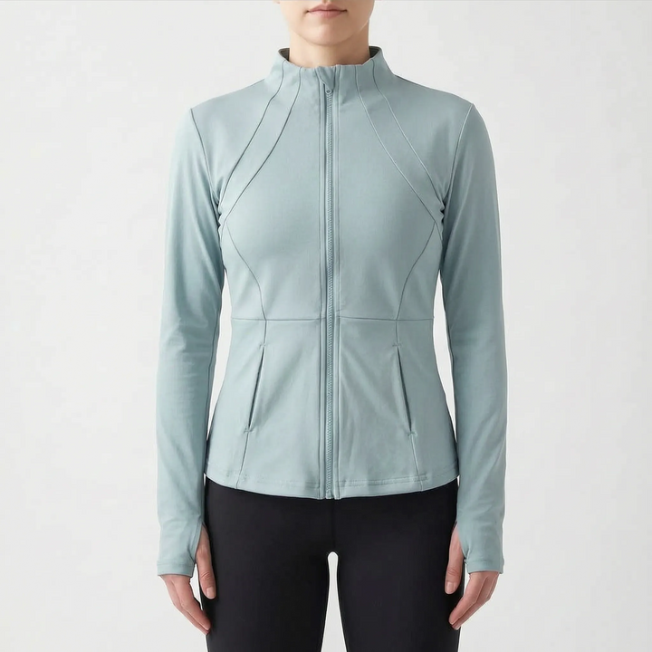 Women's workout top, a slim-fit running jacket with thumbholes for enhanced comfort & warmth during jogs.