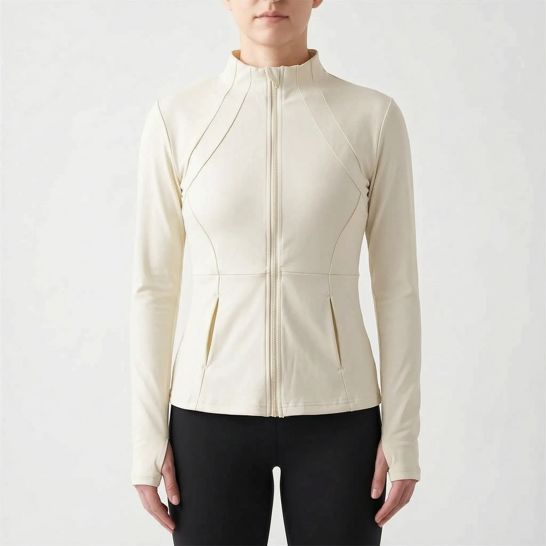 Essential women's fitness apparel: a sleek, slim-fit activewear jacket designed for all dynamic workouts.