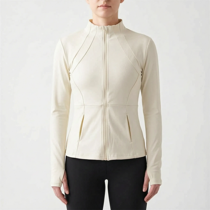 Essential women's fitness apparel: a sleek, slim-fit activewear jacket designed for all dynamic workouts.