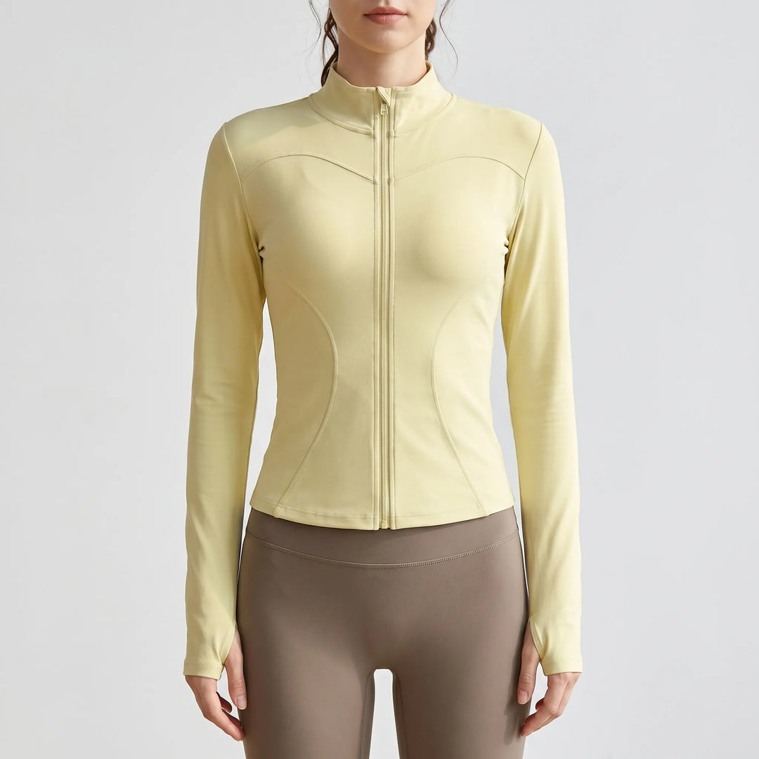Lightweight women's running jacket, slim fit long sleeve, perfect for outdoor fitness & yoga.