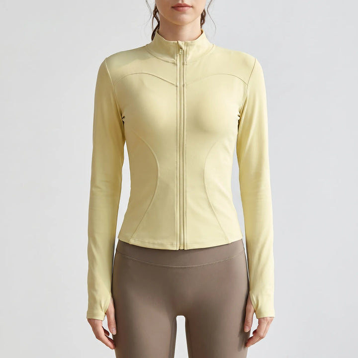 Lightweight women's running jacket, slim fit long sleeve, perfect for outdoor fitness & yoga.