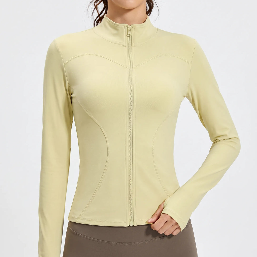 Modern women's sports jacket, sleek slim fit design, ideal activewear for gym & casual style.