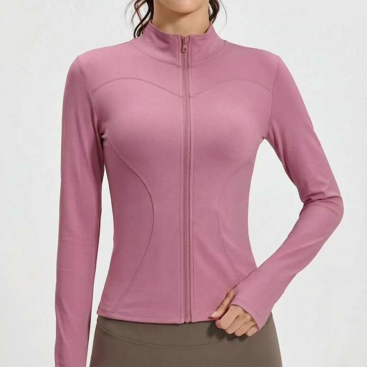Durable women's sports jacket, slim fit & breathable, great for intense workouts and outdoor runs.