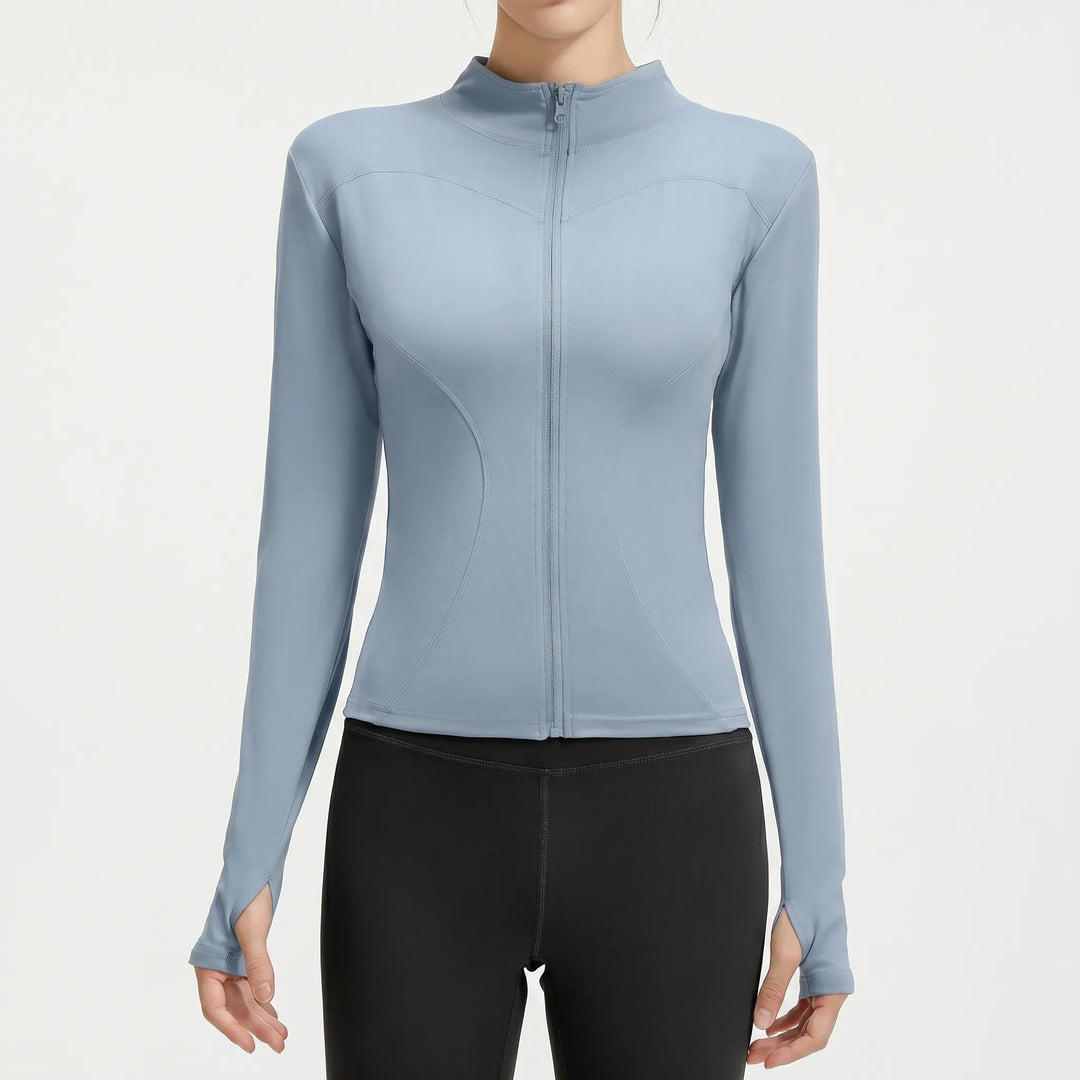 Chic women's activewear jacket, slim fit design, long sleeves for yoga, running & daily wear.