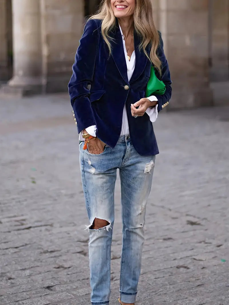 Versatile women's gold button blazer, tailored slim fit, suitable for evening or day.