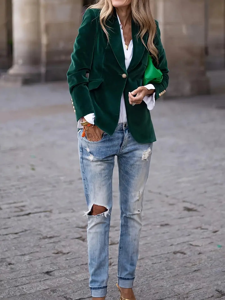Women's outerwear, gold button slim-fit blazer, perfect for a smart, tailored look.