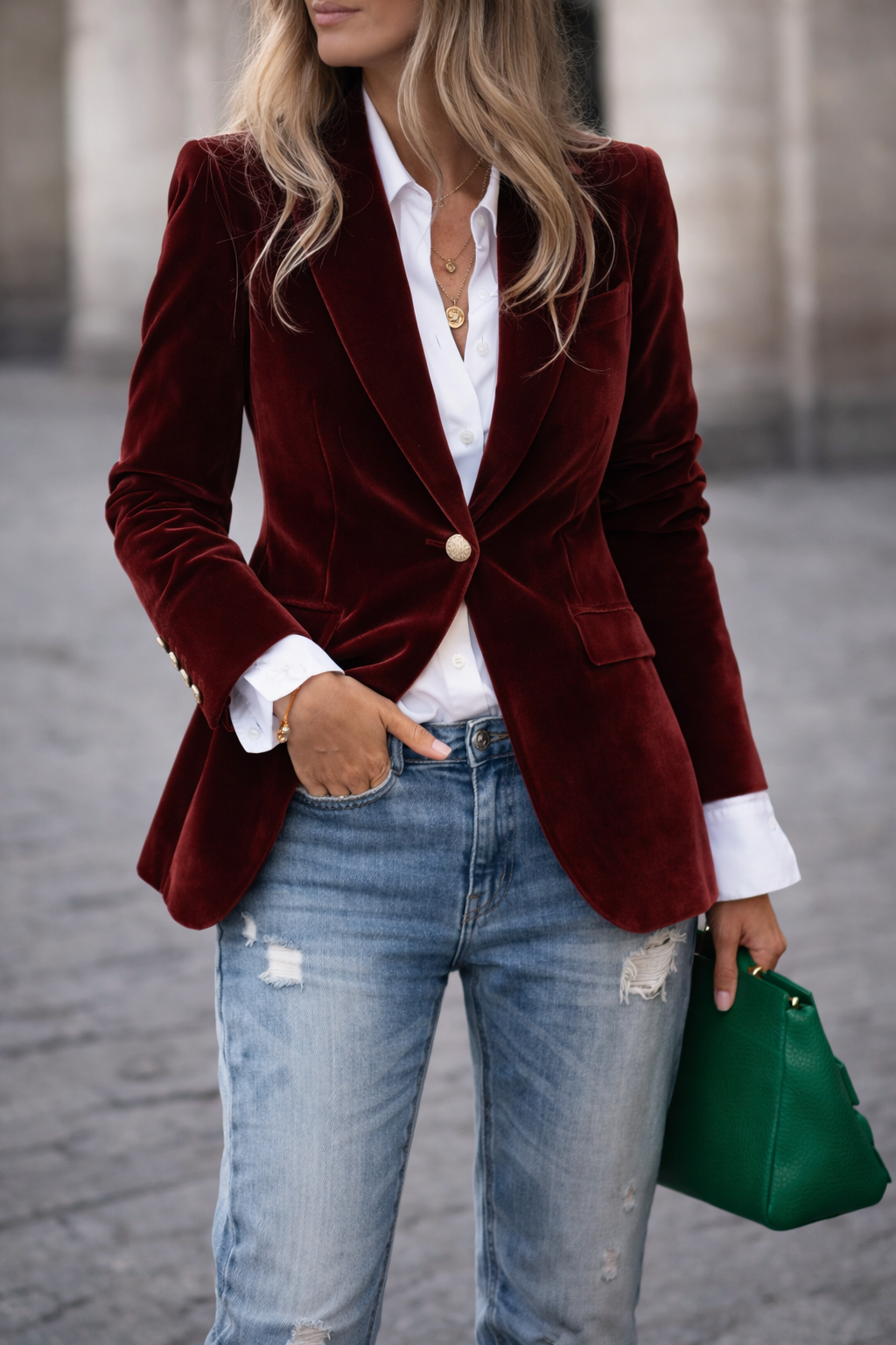 Fashionable women's gold button blazer, sleek slim fit, ideal for evening wear.