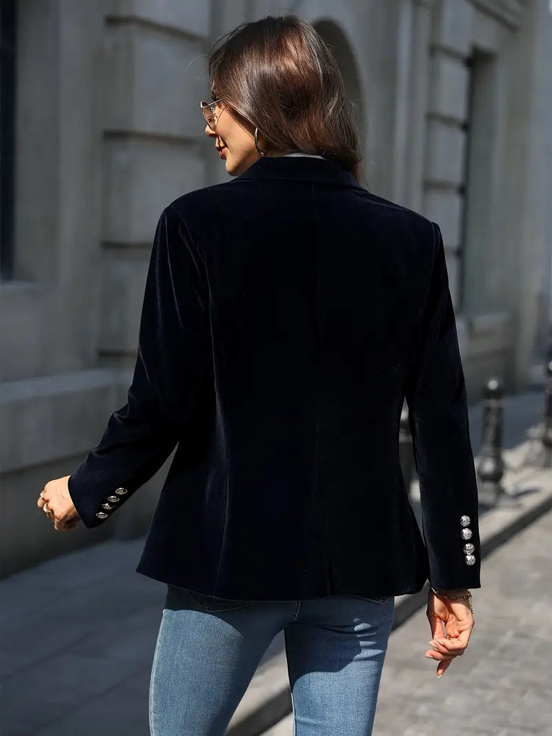 Chic women's outerwear blazer, slim fit, with stylish gold button detailing.