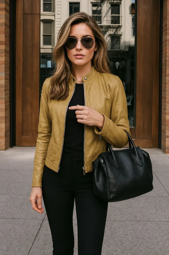 Versatile slim fit outerwear for women with a sleek zip front and mandarin collar.