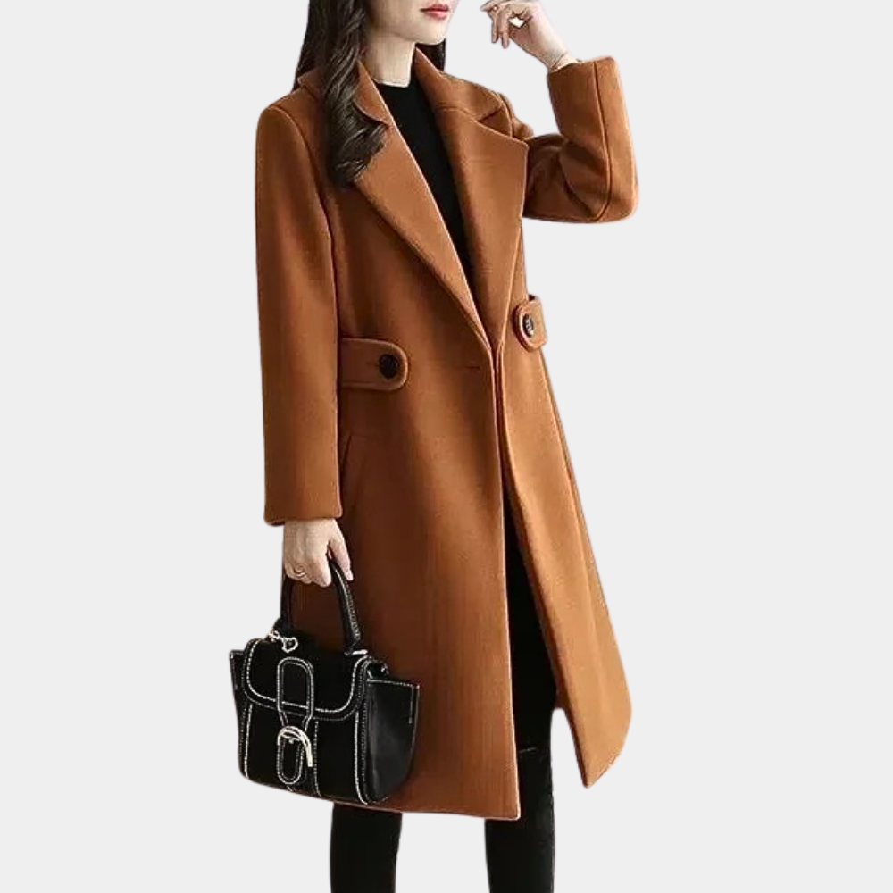 Women's slim fit long coat with a belt, elegant and versatile for formal or casual wear.