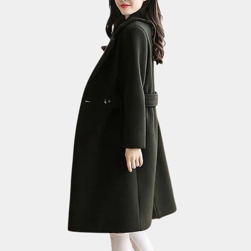 Elegant women's belted long coat in a slim fit, versatile outerwear for sophisticated winter style.