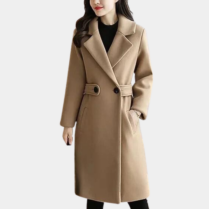 Versatile women's long coat, slim fit and belted, suitable as a formal outerwear or casual autumn jacket.