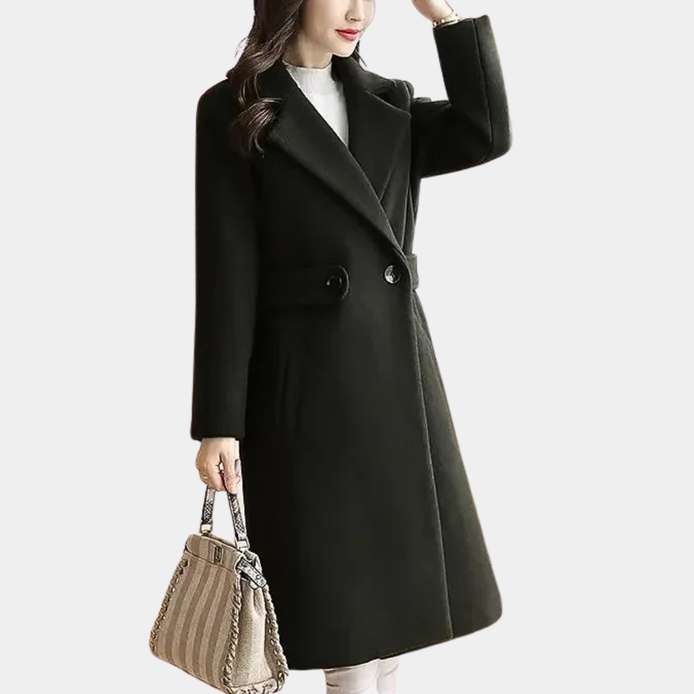 Tailored women's slim fit long coat with belt, ideal for business, formal events, or chic everyday wear.