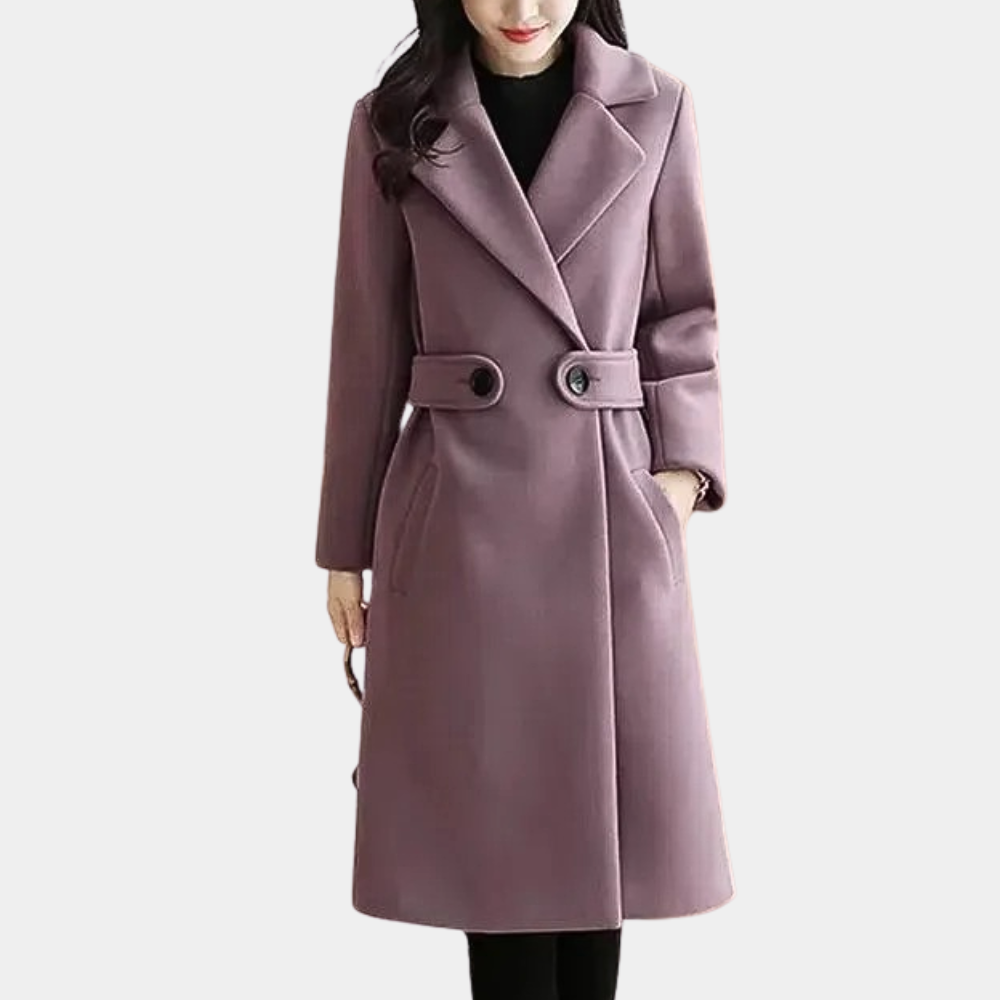 Stylish women's long coat, slim fit with belt, embodying elegant fashion and winter warmth.
