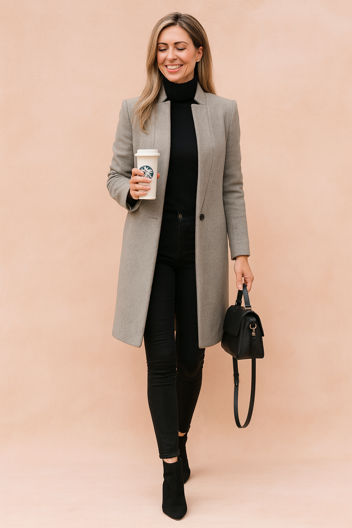 Versatile women's tailored coat, ideal for office fashion or chic casual fall & winter long-sleeve style.