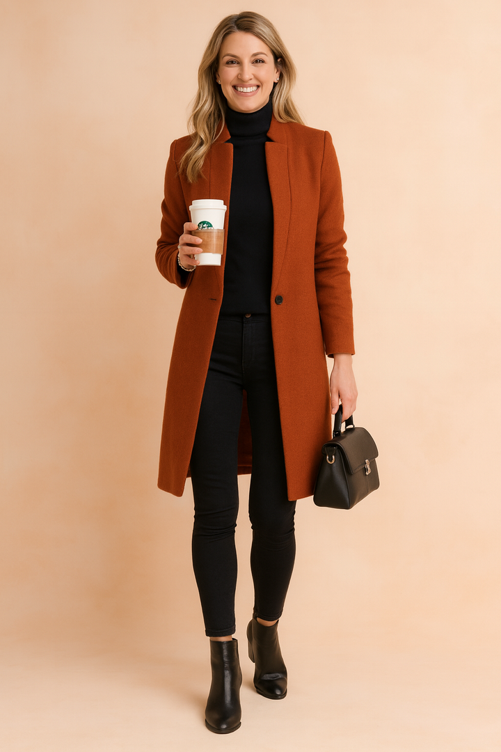 Elegant women's structured coat. Slim fit, long sleeve workwear jacket, suitable for fall & winter outfits.