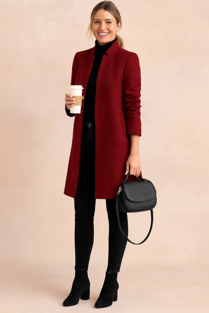 Chic women's tailored coat featuring a slim fit and structured silhouette for modern office & casual looks.